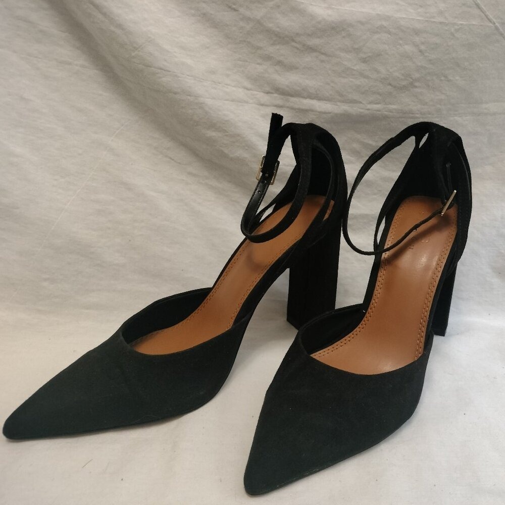 ASOS SEQWL Black Pointed Toe Ankle Strap Pumps; Block Heel Suede Finish